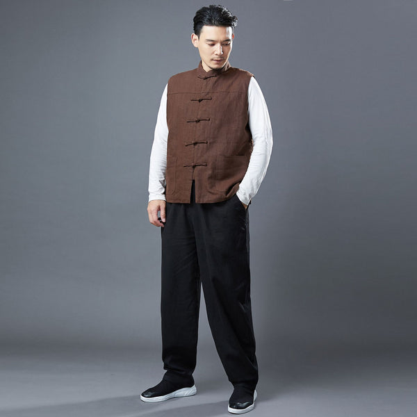 Men Asian Style Pure Color Linen and Cotton Vest (Inner with Velvet)