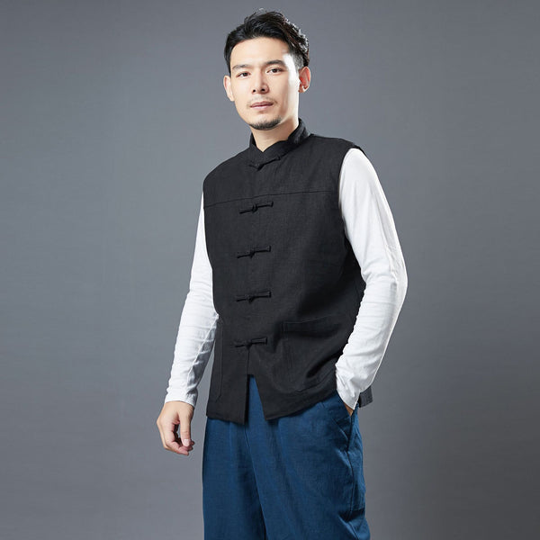 Men Asian Style Pure Color Linen and Cotton Vest (Inner with Velvet)