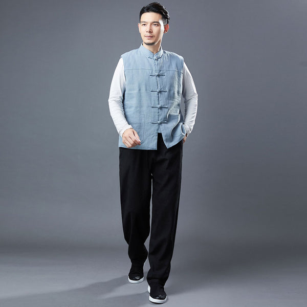 Men Asian Style Pure Color Linen and Cotton Vest (Inner with Velvet)