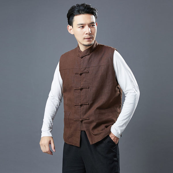 Men Asian Style Pure Color Linen and Cotton Vest (Inner with Velvet)