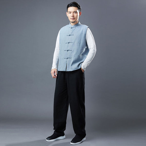 Men Asian Style Pure Color Linen and Cotton Vest (Inner with Velvet)