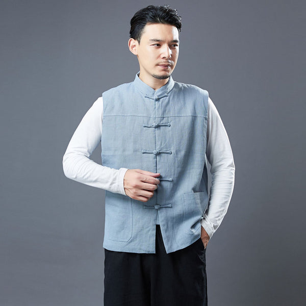 Men Asian Style Pure Color Linen and Cotton Vest (Inner with Velvet)