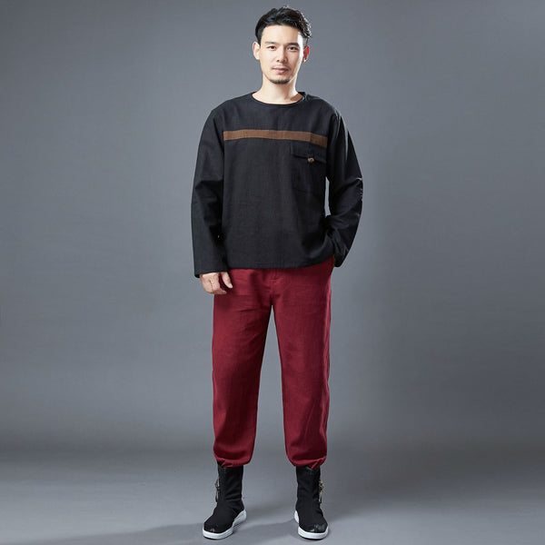 Men Classic Style Linen and Cotton Long Sleeve Front Pocket T-shirt