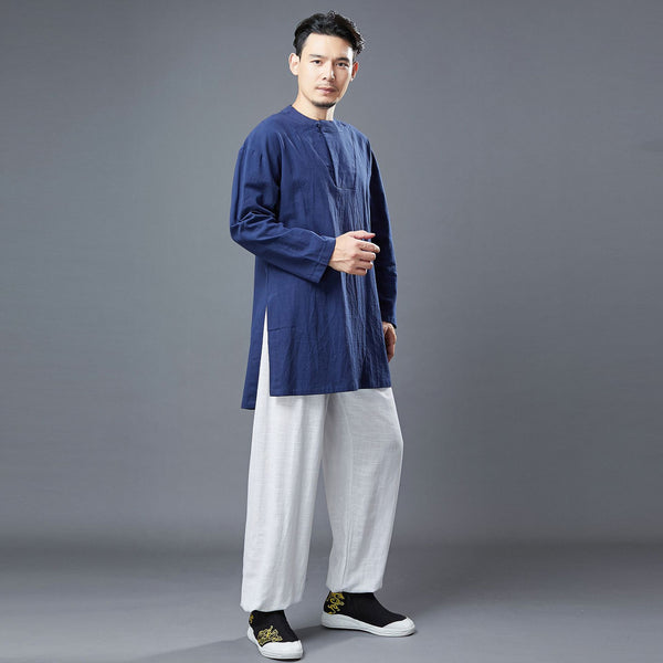 Men Classic Style Linen and Cotton Long Sleeve Tunic Shirt
