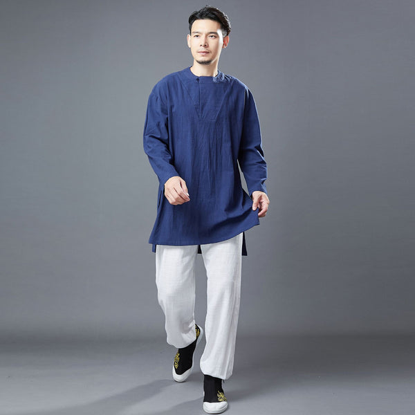 Men Classic Style Linen and Cotton Long Sleeve Tunic Shirt