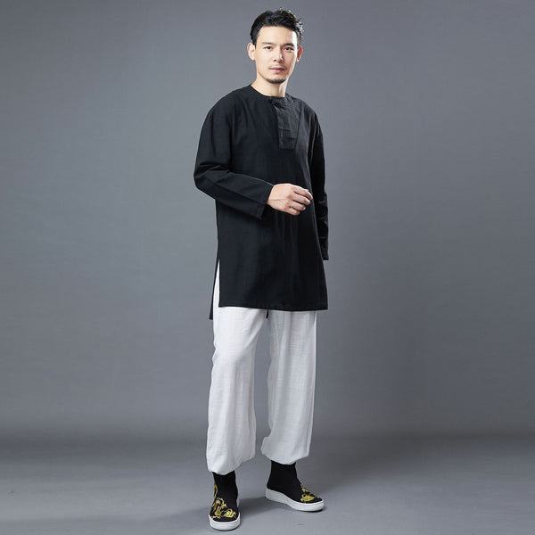 Men Classic Style Linen and Cotton Long Sleeve Tunic Shirt