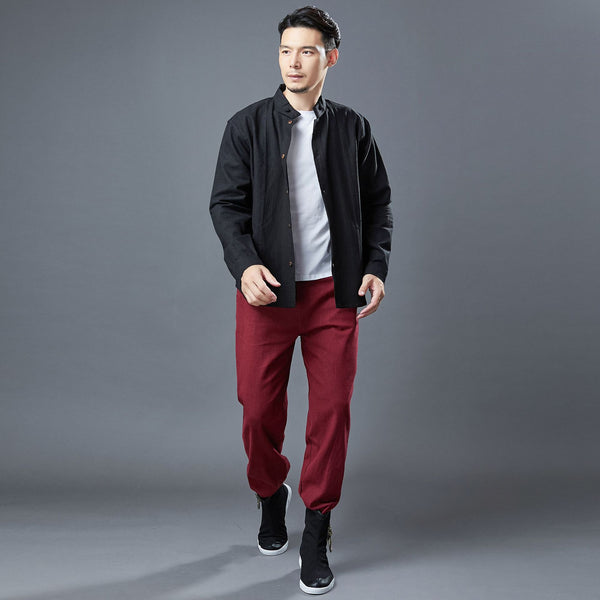 Men Asian Style Linen and Cotton Long Sleeve Stand Collar Jacket