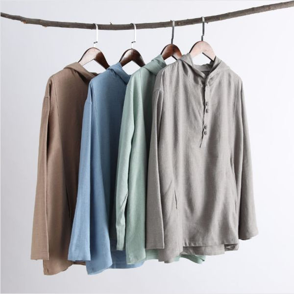 Men Casual Pullover Linen and Cotton Hoodies Top