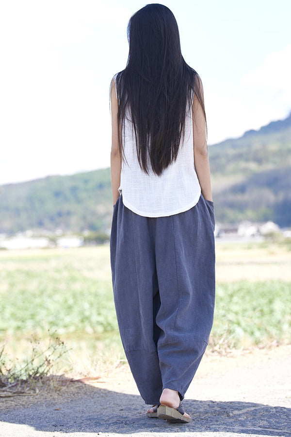 Women Retro Ramie Pure Hemp Sand Washed Big Pocket Pants