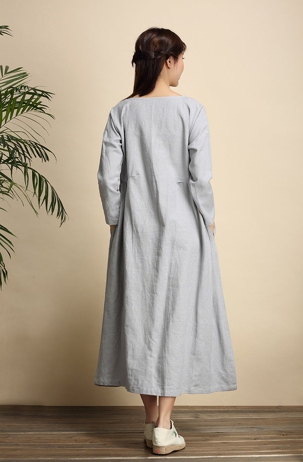 Women Zen Style Causal Round-neck Long Loose Tea Length Linen and Cotton Dress
