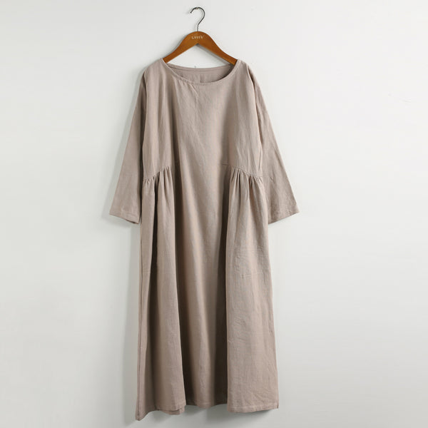 Women Zen Style Causal Round-neck Long Loose Tea Length Linen and Cotton Dress