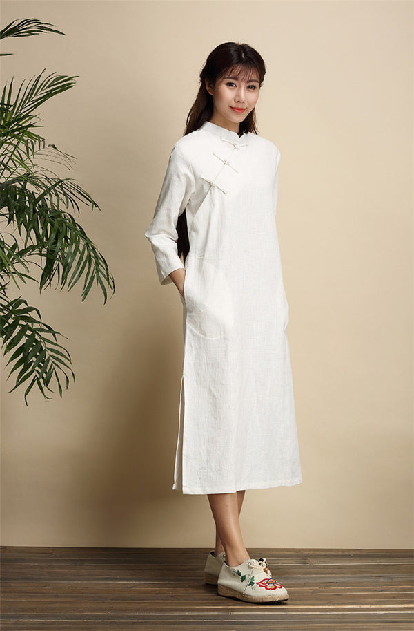 Qi Pao Linen Dress/ Simple Linen Dress/ Summer Linen Dress/ Tea Length Dress/ Casual dress/ Ethnic Hanfu Dress