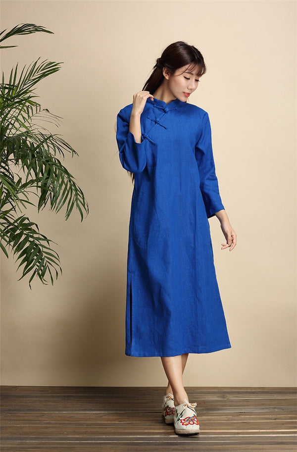 Qi Pao Linen Dress/ Simple Linen Dress/ Summer Linen Dress/ Tea Length Dress/ Casual dress/ Ethnic Hanfu Dress