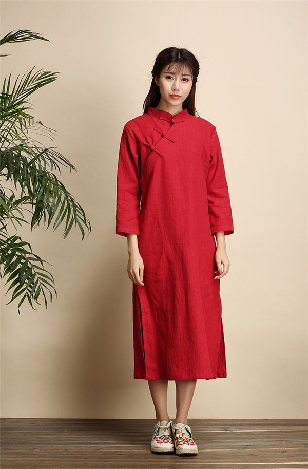 Qi Pao Linen Dress/ Simple Linen Dress/ Summer Linen Dress/ Tea Length Dress/ Casual dress/ Ethnic Hanfu Dress
