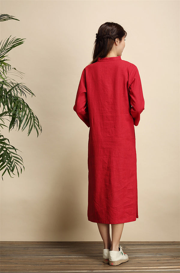Qi Pao Linen Dress/ Simple Linen Dress/ Summer Linen Dress/ Tea Length Dress/ Casual dress/ Ethnic Hanfu Dress