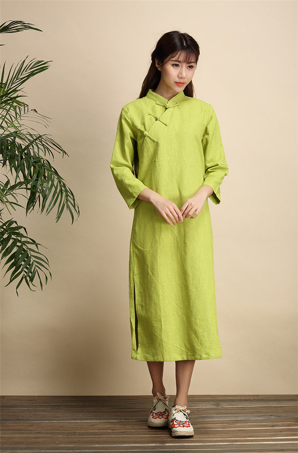 Qi Pao Linen Dress/ Simple Linen Dress/ Summer Linen Dress/ Tea Length Dress/ Casual dress/ Ethnic Hanfu Dress