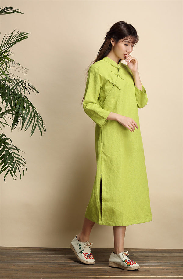 Qi Pao Linen Dress/ Simple Linen Dress/ Summer Linen Dress/ Tea Length Dress/ Casual dress/ Ethnic Hanfu Dress