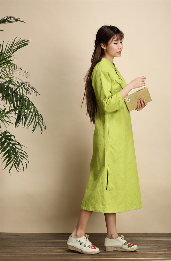 Qi Pao Linen Dress/ Simple Linen Dress/ Summer Linen Dress/ Tea Length Dress/ Casual dress/ Ethnic Hanfu Dress