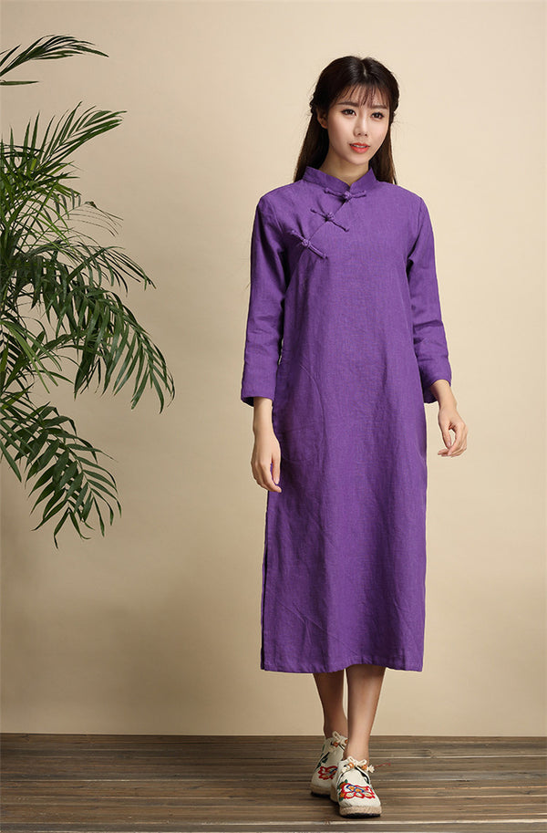 Qi Pao Linen Dress/ Simple Linen Dress/ Summer Linen Dress/ Tea Length Dress/ Casual dress/ Ethnic Hanfu Dress