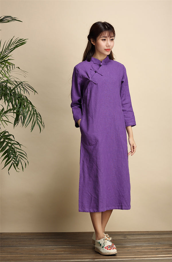 Qi Pao Linen Dress/ Simple Linen Dress/ Summer Linen Dress/ Tea Length Dress/ Casual dress/ Ethnic Hanfu Dress