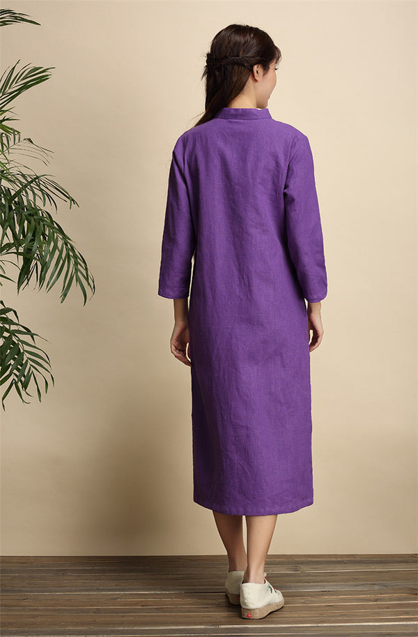 Qi Pao Linen Dress/ Simple Linen Dress/ Summer Linen Dress/ Tea Length Dress/ Casual dress/ Ethnic Hanfu Dress