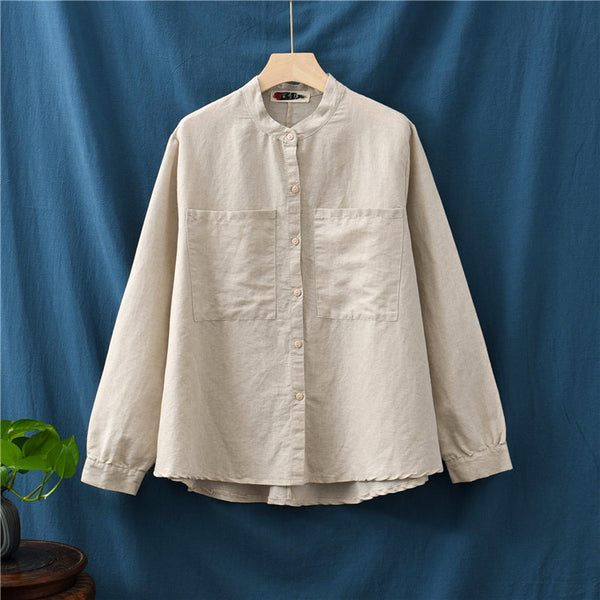 Women Casual Style Linen and Cotton Big Front Pocket Cardigan Long Sleeve Shirt