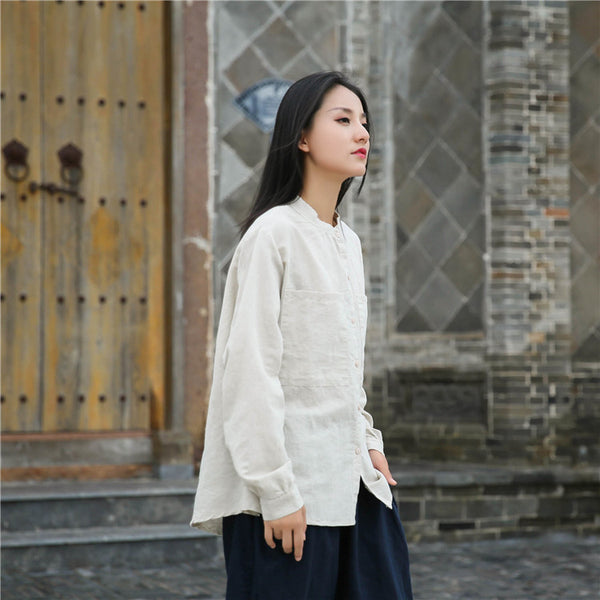 Women Casual Style Linen and Cotton Big Front Pocket Cardigan Long Sleeve Shirt