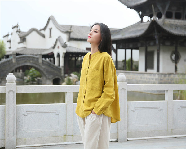 Women Casual Style Linen and Cotton Big Front Pocket Cardigan Long Sleeve Shirt