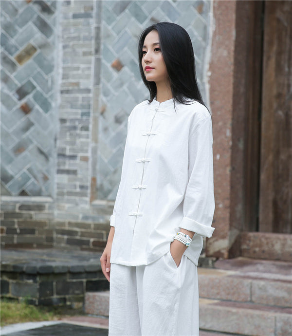 Women Retro TaiChi Buckle Style Linen and Cotton Cardigan Long Sleeve Shirt