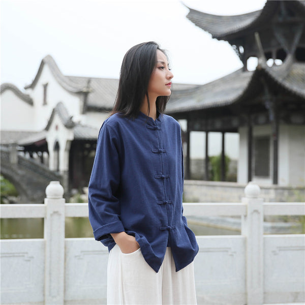 Women Retro TaiChi Buckle Style Linen and Cotton Cardigan Long Sleeve Shirt