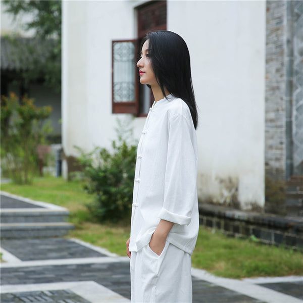 Women Retro TaiChi Buckle Style Linen and Cotton Cardigan Long Sleeve Shirt