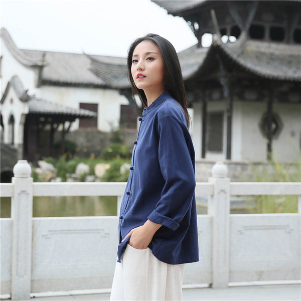 Women Retro TaiChi Buckle Style Linen and Cotton Cardigan Long Sleeve Shirt