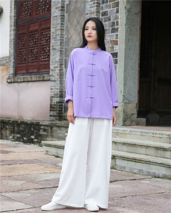 Women Retro TaiChi Buckle Style Linen and Cotton Cardigan Long Sleeve Shirt