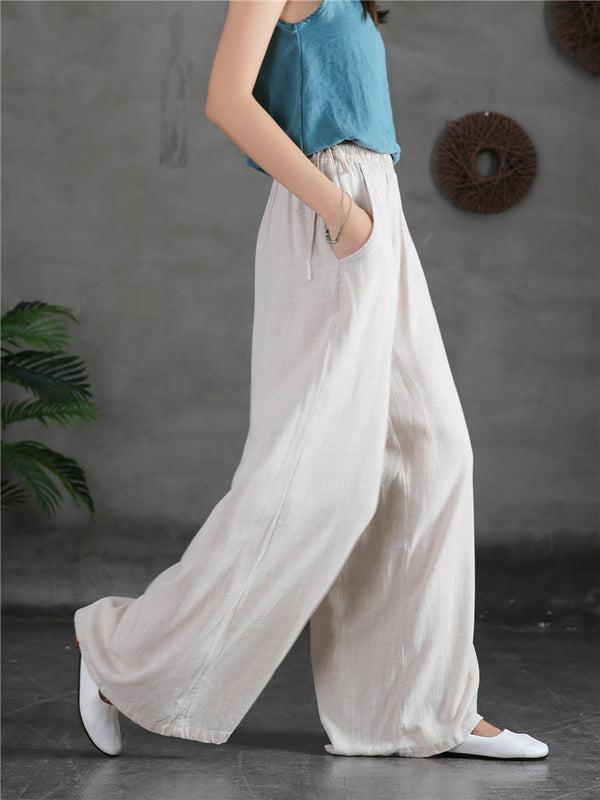 Women Linen and Cotton Light Soft Wide Leg Opening Pants