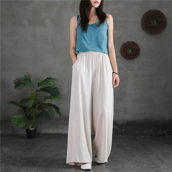 Women Linen and Cotton Light Soft Wide Leg Opening Pants