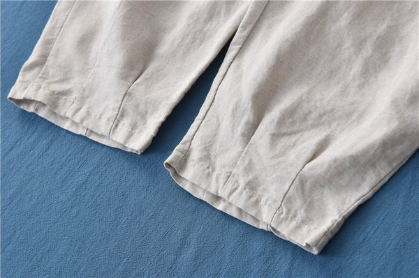 Women Sand-Washed Linen and Cotton Big Pocket Causal Cropped Pants