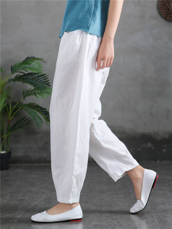 Women Sand-Washed Linen and Cotton Big Pocket Causal Cropped Pants