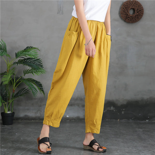 Women Sand-Washed Linen and Cotton Big Pocket Causal Cropped Pants