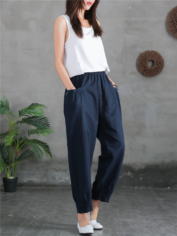 Women Sand-Washed Linen and Cotton Big Pocket Causal Cropped Pants