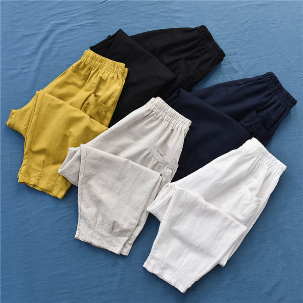 Women Sand-Washed Linen and Cotton Big Pocket Causal Cropped Pants