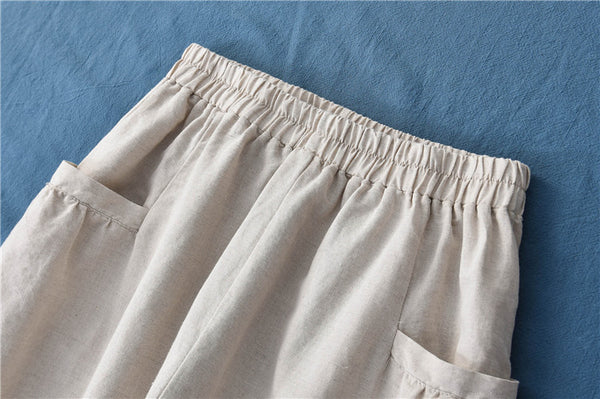 Women Sand-Washed Linen and Cotton Big Pocket Causal Cropped Pants