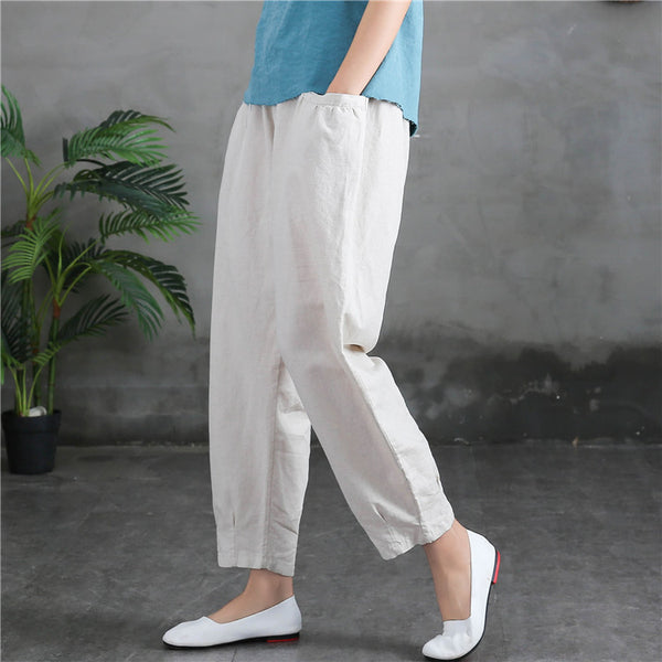 Women Sand-Washed Linen and Cotton Big Pocket Causal Cropped Pants