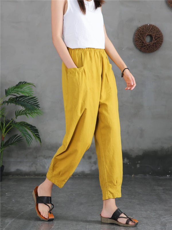 Women Sand-Washed Linen and Cotton Big Pocket Causal Cropped Pants
