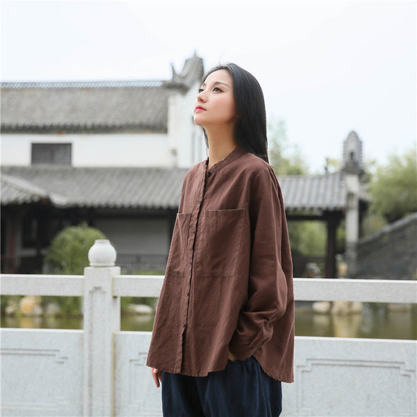 Women Casual Style Linen and Cotton Big Front Pocket Cardigan Long Sleeve Shirt