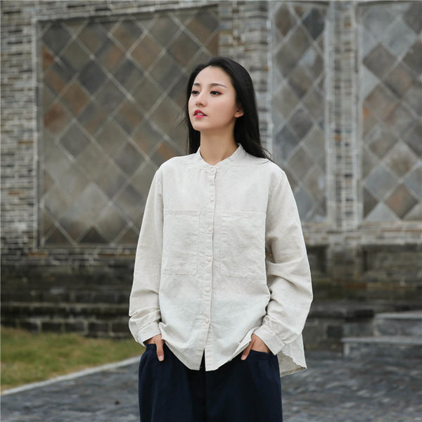 Women Casual Style Linen and Cotton Big Front Pocket Cardigan Long Sleeve Shirt