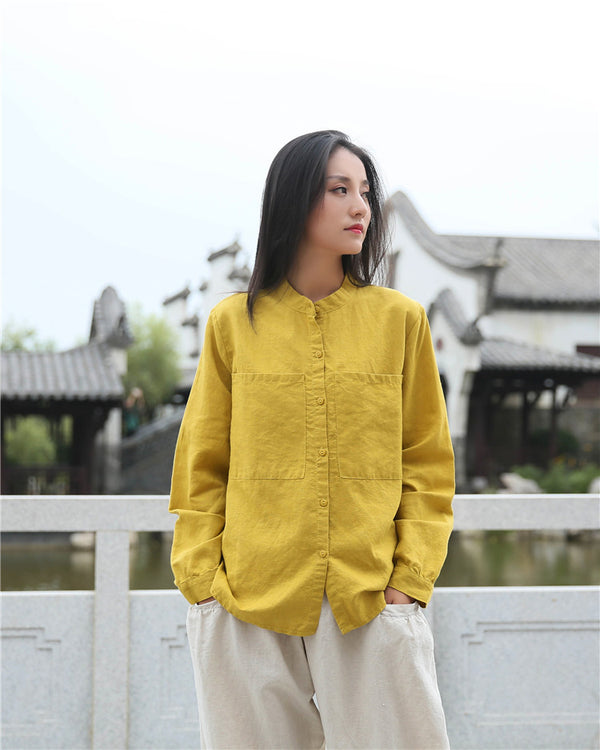 Women Casual Style Linen and Cotton Big Front Pocket Cardigan Long Sleeve Shirt