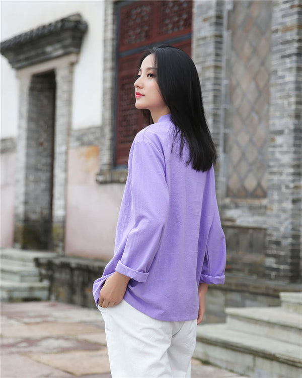 Women Retro TaiChi Buckle Style Linen and Cotton Cardigan Long Sleeve Shirt