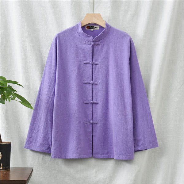 Women Retro TaiChi Buckle Style Linen and Cotton Cardigan Long Sleeve Shirt