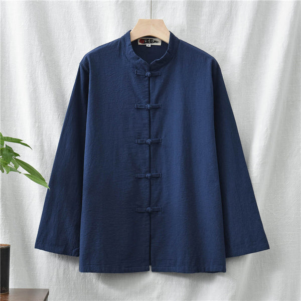Women Retro TaiChi Buckle Style Linen and Cotton Cardigan Long Sleeve Shirt