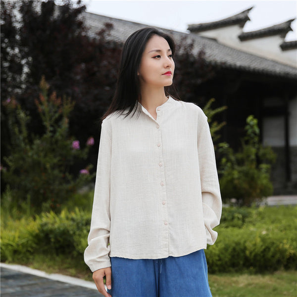 Women Casual Style Sand Washed Linen and Cotton Soft Light Cardigan Long Sleeve Shirt